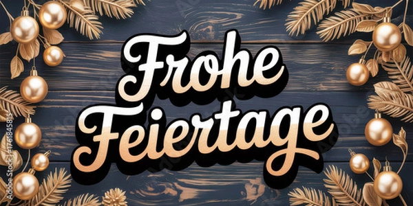 Fototapeta Frohe feiertage german happy holidays greeting with gold text and christmas ornaments on black wood