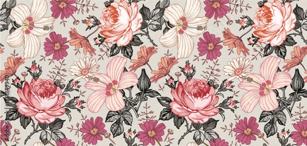 Obraz Seamless pattern. Beautiful pink blooming realistic isolated flowers. Vintage background. Set Chamomile Roses hibiscus mallow wildflowers. Wallpaper. Drawing engraving. Vector victorian Illustration