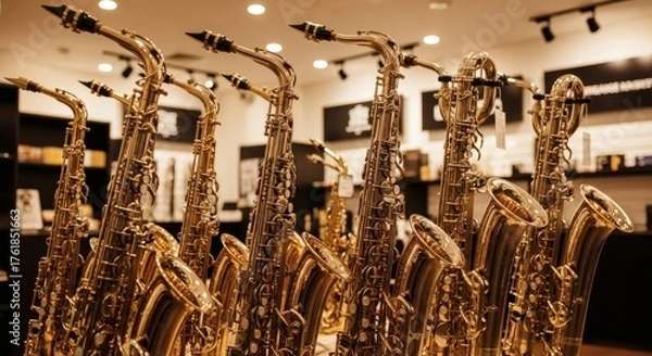 Obraz Close-up view of multiple saxophones arranged in rows inside a music store