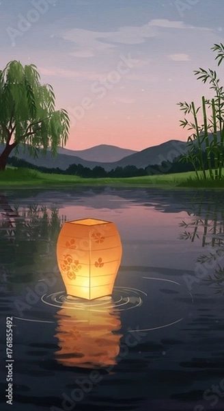 Obraz Floating Lantern on Serene Lake at Sunset with Mountain View.