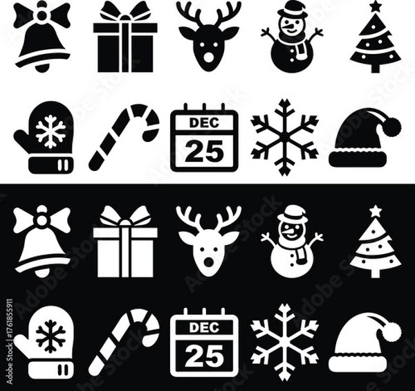Obraz Black and White Solid Christmas Icon Set – Minimal Festive Vector Collection