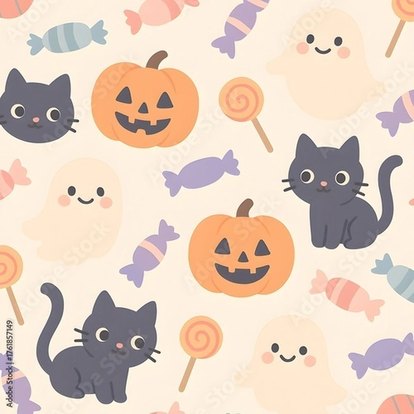 Obraz Cute pastel Halloween pattern with pumpkins, ghosts, and candies