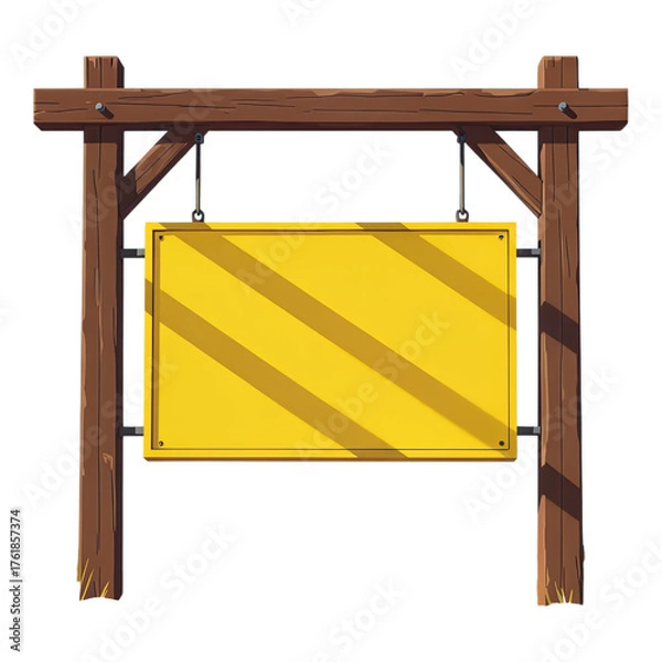 Fototapeta Blank Yellow Hanging Signboard on Wooden Posts Isolated on Transparent Background