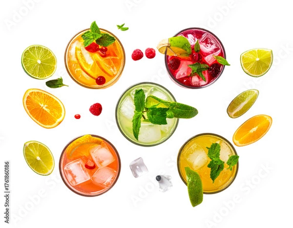 Obraz  Top-Down View of Festive Cocktails, Assorted Colors and Garnishes, Isolated on Transparent Background