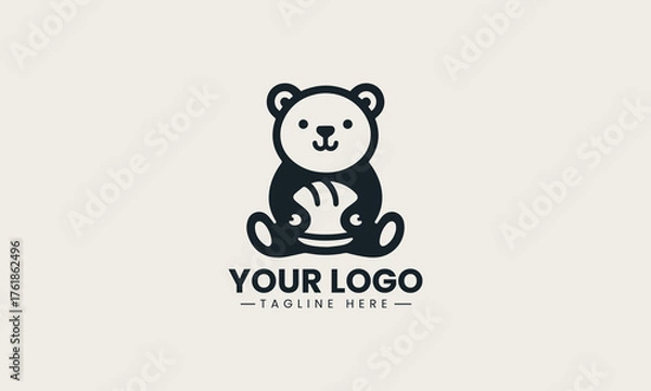Obraz Cute bear chef mascot happily holding pastry and spoon vector logo illustration design