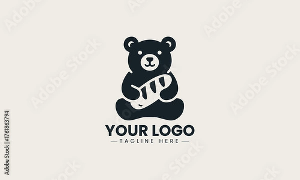 Obraz Cute bear chef mascot happily holding pastry and spoon vector logo illustration design