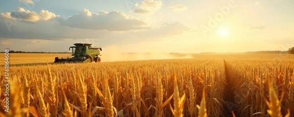 Fototapeta Golden Harvest Combine Harvester in a Vast Cornfield under a Sunny Sky. Rows of harvested and standing corn stalks showcase the beauty and bounty of autumnal farm harvesting.