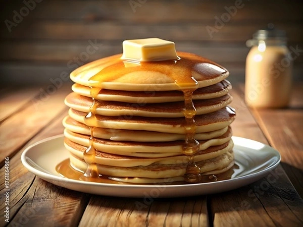Obraz Delicious stack of pancakes with butter and syrup on a wooden table