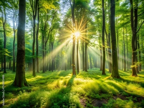 Obraz Sunbeams streaming through a lush green forest canopy on a bright day