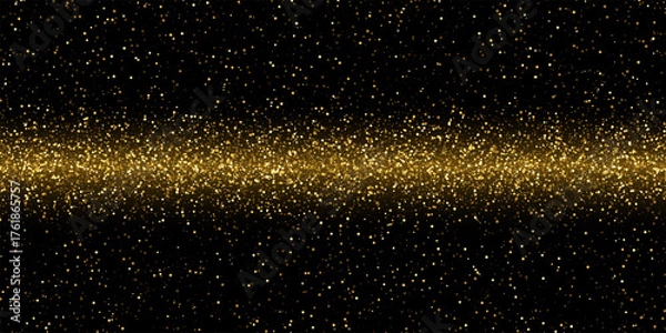 Fototapeta Gold glitter confetti on black. Shiny glowing particles concentrated in horizontal band across center, fading at top and bottom. Elegant festive decoration for luxury themes. Vector illustration.