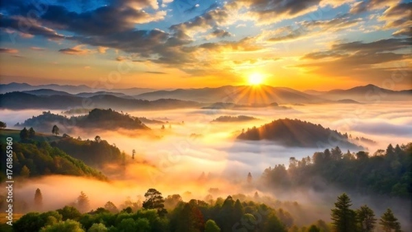 Obraz Golden sunrise over misty mountains and forest canopy