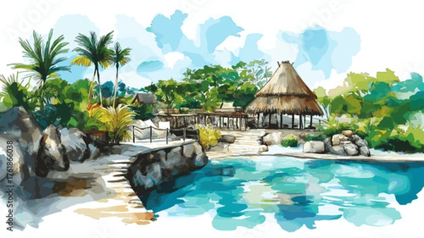 Fototapeta Xcaret Eco Park. Xcaret Eco Park hand drawn watercolor illustration