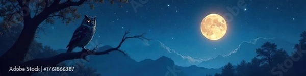Obraz Majestic Owl Silhouetted Against a Starry Night Sky A Serene and Mysterious Nighttime Scene of Beauty and Tranquility