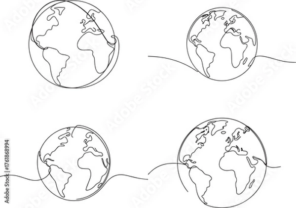 Fototapeta Set of Simple outline drawing of planet earth globe continents
