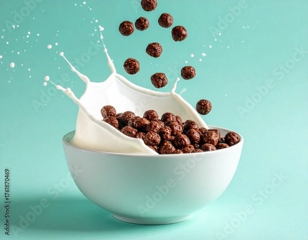 Fototapeta Spilled milk splashing into a bowl of chocolate cereal against a teal-green background, creating a dynamic, fresh breakfast scene with rich textures and vibrant contrast