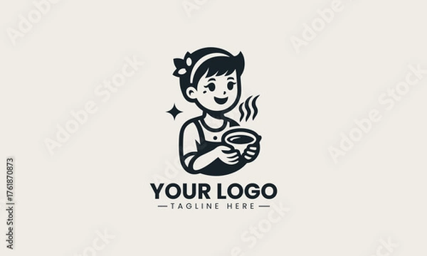 Obraz Cheerful black vector logo illustration of a happy cartoon girl holding a steaming cup of coffee creating a friendly cafe symbol