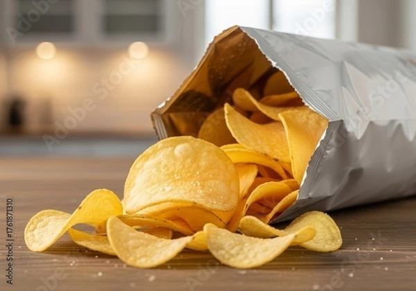Fototapeta Crunchy Potato Chips Spill from an Open Bag, Creating a Tempting Snack Display, Savory Snack Concept, Blurred Kitchen Background
