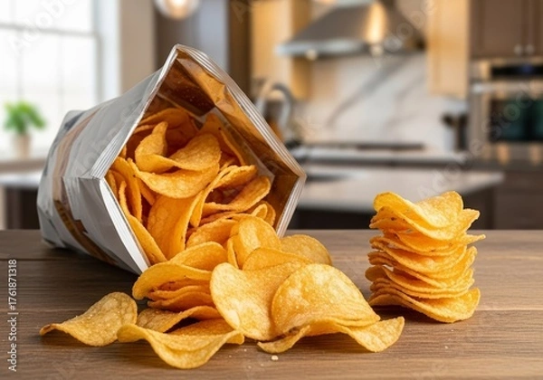 Fototapeta Crunchy Potato Chips Spill from an Open Bag, Creating a Tempting Snack Display, Savory Snack Concept, Blurred Kitchen Background