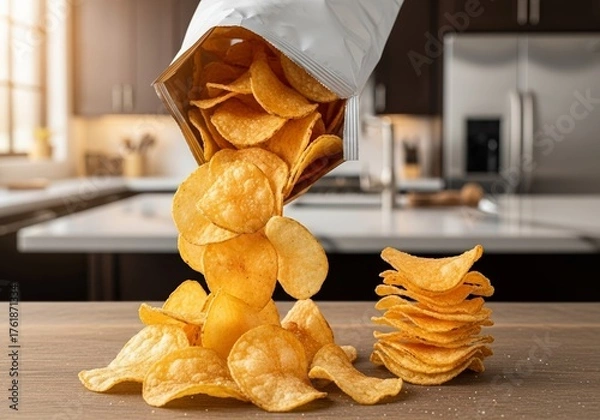 Fototapeta Crunchy Potato Chips Spill from an Open Bag, Creating a Tempting Snack Display, Savory Snack Concept, Blurred Kitchen Background