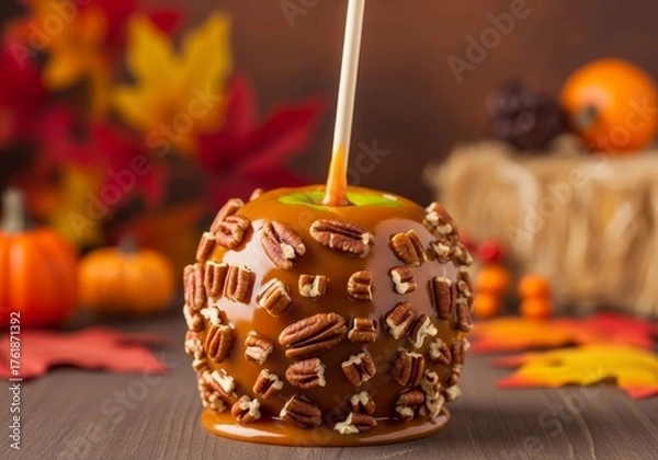 Fototapeta Delicious Caramel Apple with Pecans, Sweet Fall Treat for Festivals and Halloween Parties, Autumn Dessert Concept, Blurred Fall Background