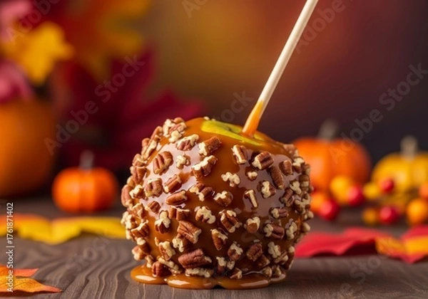 Fototapeta Delicious Caramel Apple with Pecans, Sweet Fall Treat for Festivals and Halloween Parties, Autumn Dessert Concept, Blurred Fall Background