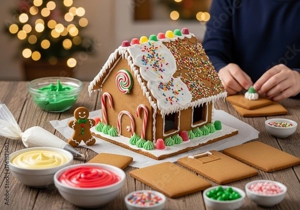 Fototapeta Gingerbread Cookie House in Progress, Decorated with Colorful Icing and Sprinkles, Showcasing a Delightful Festive Atmosphere and Creative Baking Process, Blurred Holiday Background
