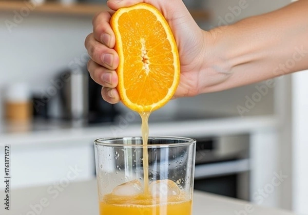 Fototapeta Hand Squeezing Ripe Orange, Pouring Fresh Juice into a Glass, Healthy Drink and Refreshment Concept, Blurred Kitchen Background
