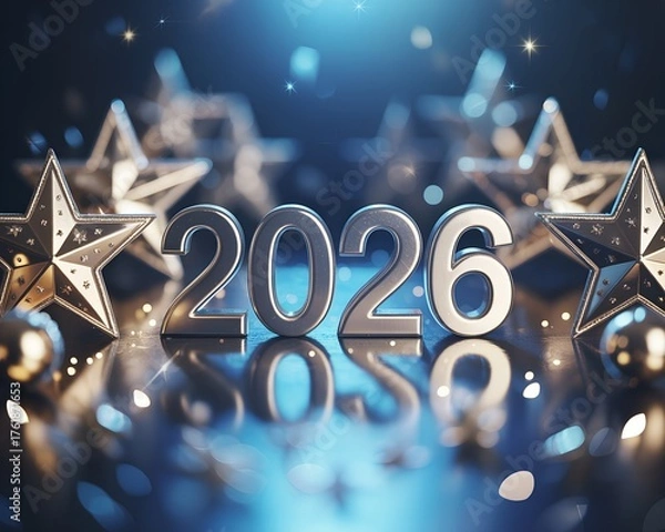 Fototapeta Elegant silver 2026 New Year celebration with glowing stars and blue festive lights. Perfect for New Year greetings and holiday designs.