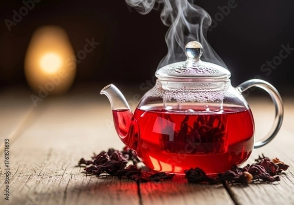 Fototapeta Hibiscus Tea Delight A Steaming Glass Teapot Filled with Vibrant, Ruby-Red Hibiscus Tea, Inviting You into a World of Flavor and Tranquility, On a Rustic Wooden Surface, Tea and Relaxation Concept
