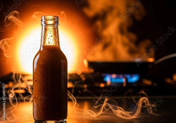 Fototapeta Medium Shot of a Smoky Craft Hot Sauce Bottle with Rich Amber Color, Sharply in Focus, Blurred Fiery Kitchen Background Accentuating the Sauce's Deep Flavor Profile, Culinary Spice Concept