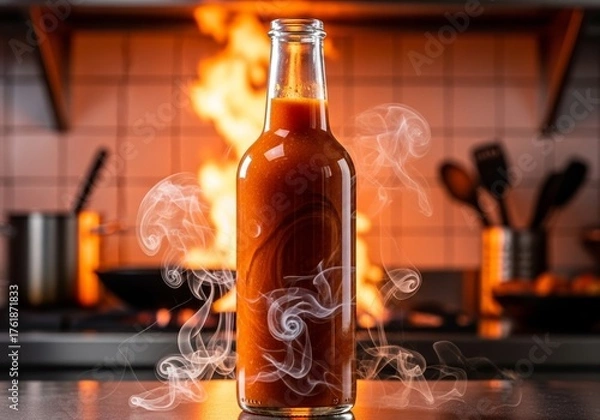 Fototapeta Medium Shot of a Smoky Craft Hot Sauce Bottle with Rich Amber Color, Sharply in Focus, Blurred Fiery Kitchen Background Accentuating the Sauce's Deep Flavor Profile, Culinary Spice Concept