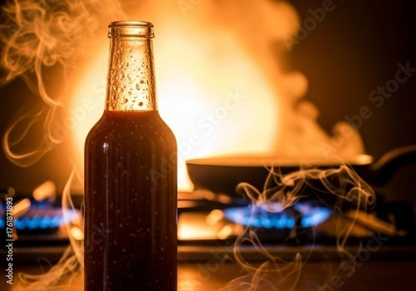 Fototapeta Medium Shot of a Smoky Craft Hot Sauce Bottle with Rich Amber Color, Sharply in Focus, Blurred Fiery Kitchen Background Accentuating the Sauce's Deep Flavor Profile, Culinary Spice Concept