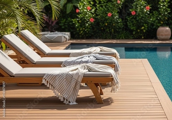 Fototapeta Serene Outdoor Oasis Featuring a Poolside Deck Adorned with Three Wooden Sun Loungers Draped in Soft, Neutral-Hued Linens and Striped Tassel Blankets, Relaxation and Leisure Concept, Blurred Tropical 