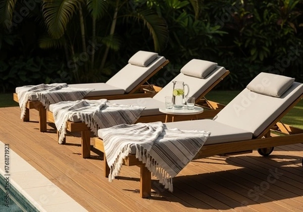 Fototapeta Serene Outdoor Oasis Featuring a Poolside Deck Adorned with Three Wooden Sun Loungers Draped in Soft, Neutral-Hued Linens and Striped Tassel Blankets, Relaxation and Leisure Concept, Blurred Tropical 