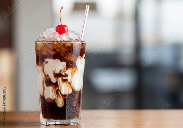 Fototapeta Tall Glass of Dirty Soda with Swirls of Cream Blending into a Dark Cola Base, Topped with Crushed Ice and a Maraschino Cherry, Served with a Striped Straw, Refreshing Drink Concept