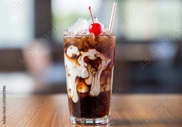 Fototapeta Tall Glass of Dirty Soda with Swirls of Cream Blending into a Dark Cola Base, Topped with Crushed Ice and a Maraschino Cherry, Served with a Striped Straw, Refreshing Drink Concept