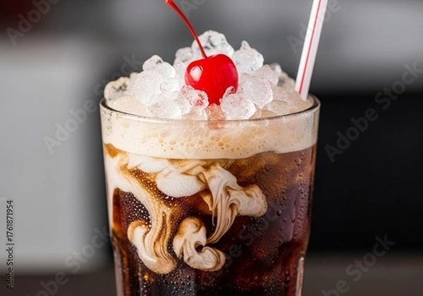 Fototapeta Tall Glass of Dirty Soda with Swirls of Cream Blending into a Dark Cola Base, Topped with Crushed Ice and a Maraschino Cherry, Served with a Striped Straw, Refreshing Drink Concept