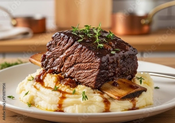 Fototapeta Tender Beef Short Ribs Served Over Creamy Mashed Potatoes, Garnished with Fresh Thyme, Warm and Inviting Culinary Experience for Food Enthusiasts and Home Cooks, Blurred Kitchen Background