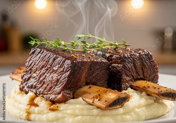 Fototapeta Tender Beef Short Ribs Served Over Creamy Mashed Potatoes, Garnished with Fresh Thyme, Warm and Inviting Culinary Experience for Food Enthusiasts and Home Cooks, Blurred Kitchen Background