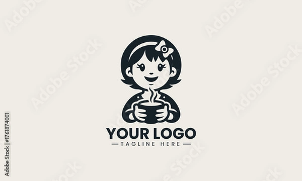 Obraz Cheerful black vector logo illustration of a happy cartoon girl holding a steaming cup of coffee creating a friendly cafe symbol