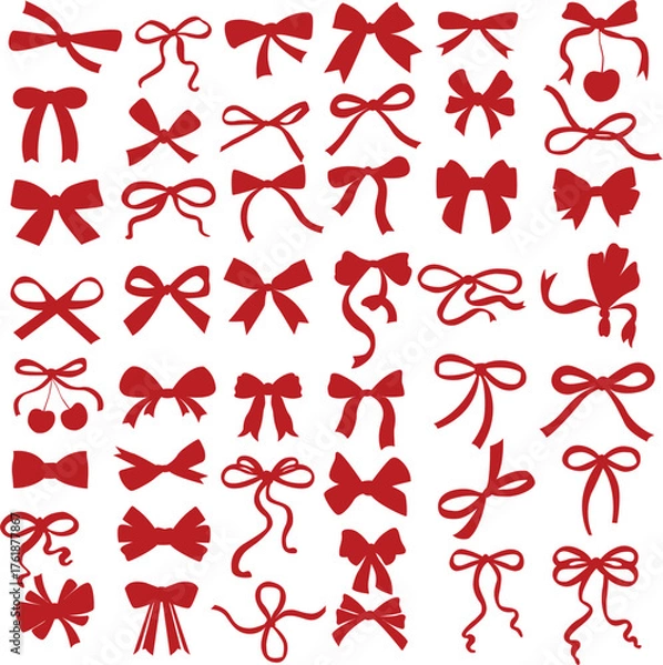 Fototapeta Bow ribbon pattern seamless. Vector print with white and red Christmas background. Cute crayon bows. Simple charcoal small trendy ribbon for Birthday, Christmas, Halloween. Basic doodle knot pattern	