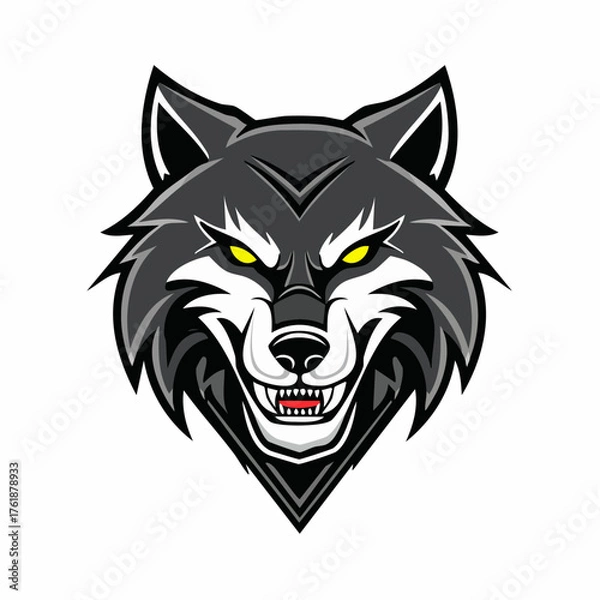 Obraz Fierce Gray Wolf Head Mascot Vector Illustration with Yellow Eyes and Bared Fangs, Symbolizing Strength, Agility, and Dominance for Sports Teams or Brand Identity