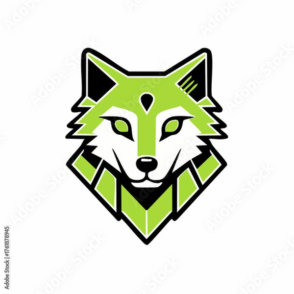 Obraz Abstract green wolf head logo design. A powerful and modern geometric canine mascot symbol for branding, esports, or technology