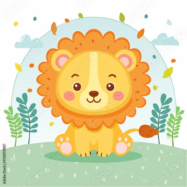 Obraz Charming cartoon lion cub with a friendly smile, sitting peacefully on vibrant green grass in a delightful natural setting with fluffy clouds and whimsical falling leaves