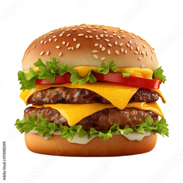 Fototapeta isolated hamburger with lettuce, tomato, cheese, realistic fast food style, photorealistic, transparent background