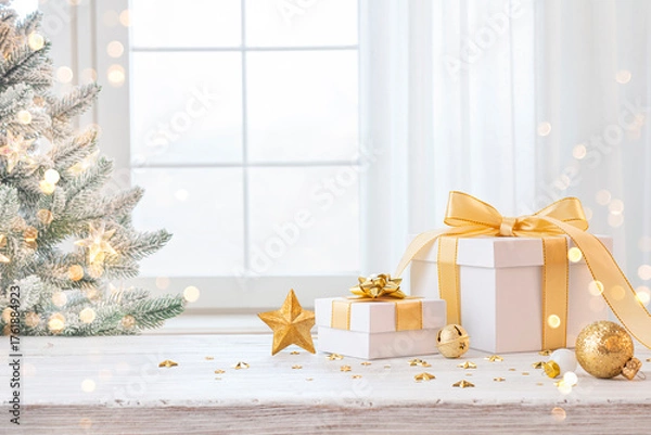 Fototapeta Christmas gift boxes and New Year golden decorations on bleached wooden table top with space