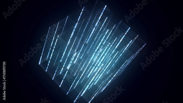 Fototapeta Abstract wireframe cube. Network connection structure. Digital blockchain concept. Futuristic blue background with dots and lines. 3D rendering.