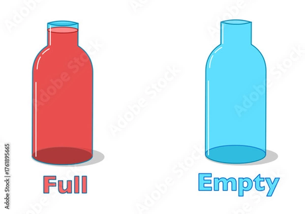 Fototapeta Empty, full bottles. Opposite english words, adjectives. Red liquid, fruit juice in glass cup. Glossy, transparent with caps. wine, chemistry, syrup flasks. Vector illustration	
