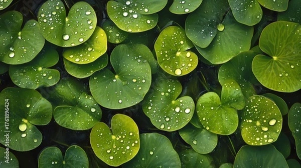 Obraz Lush green lily pads with water droplets glistening in sunlight, creating a serene natural scene