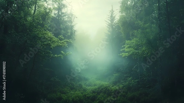 Fototapeta Misty forest landscape with dense trees and fog creating a serene atmosphere in nature